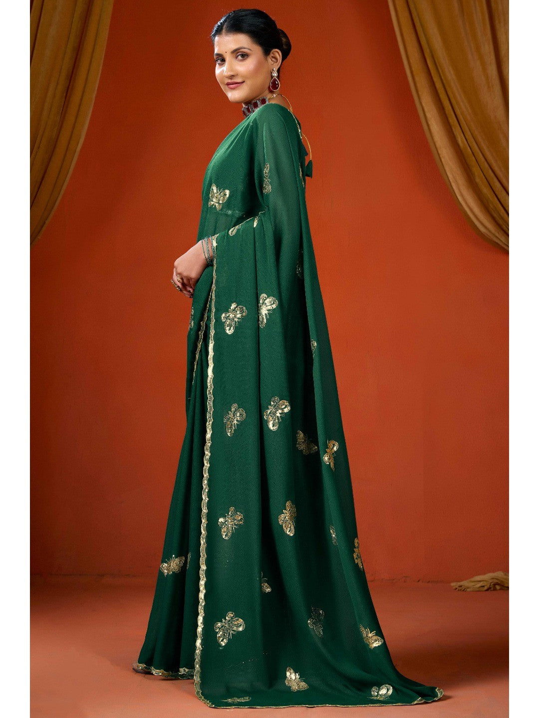 Elegant Green Organza Chiffon Silk Saree with Delicate Embellishment - Image 7