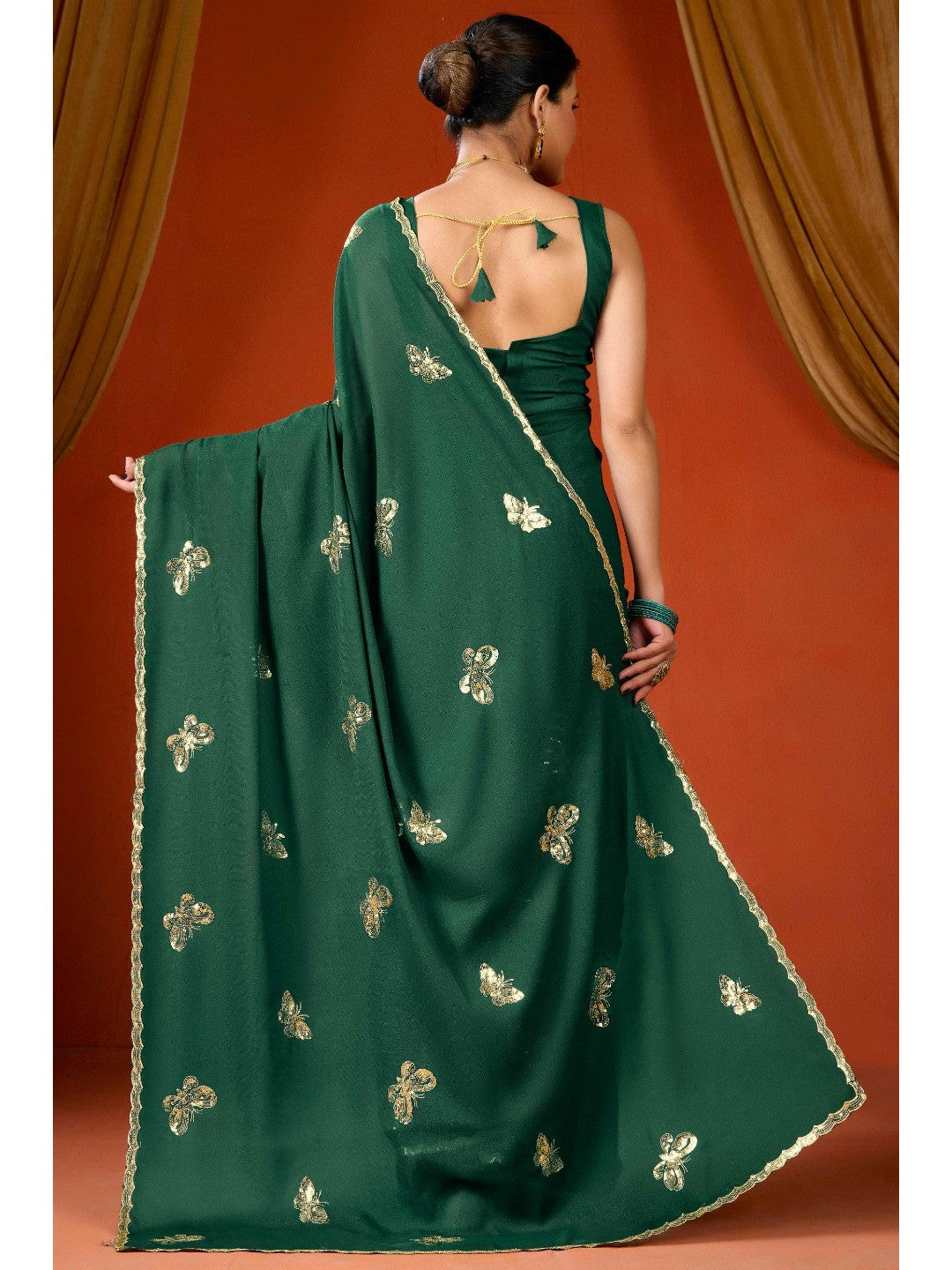 Elegant Green Organza Chiffon Silk Saree with Delicate Embellishment - Image 6