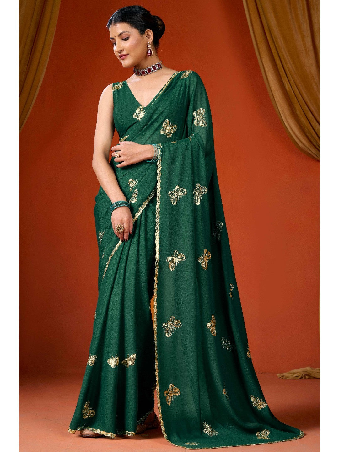 Elegant Green Organza Chiffon Silk Saree with Delicate Embellishment - Image 4