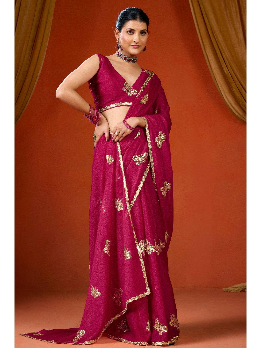 Elegant Magenta Organza Chiffon Silk Saree with Delicate Embellishment - Image 1