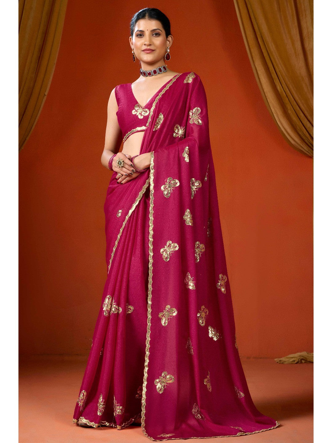 Elegant Magenta Organza Chiffon Silk Saree with Delicate Embellishment - Image 6