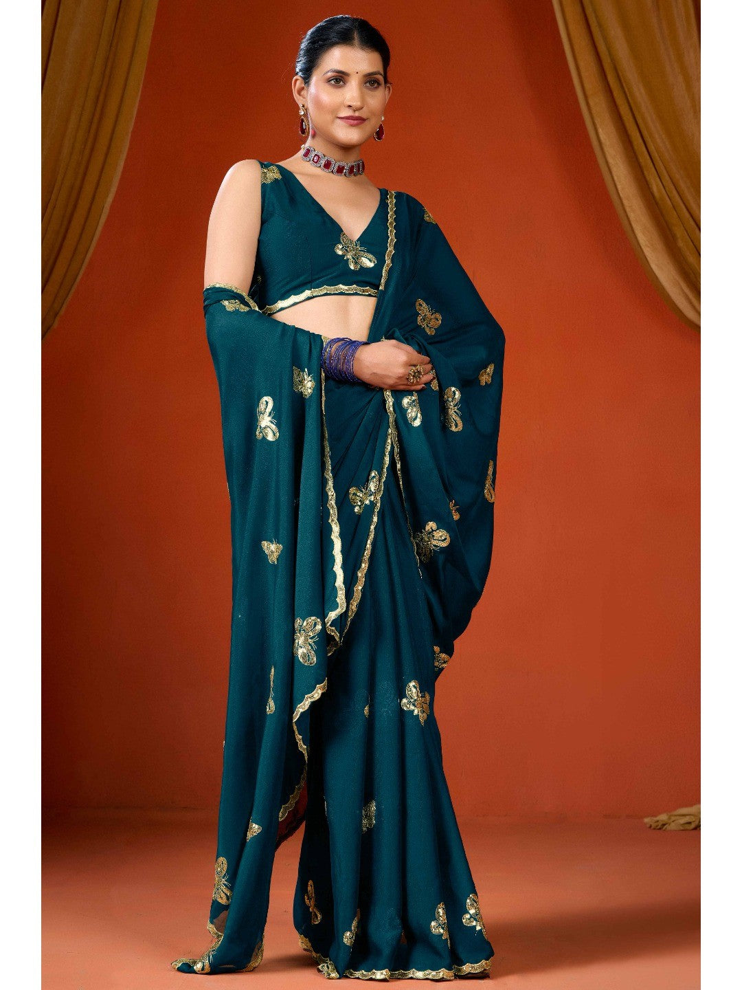 Elegant Teal Organza Chiffon Silk Saree with Delicate Embellishment - Image 1