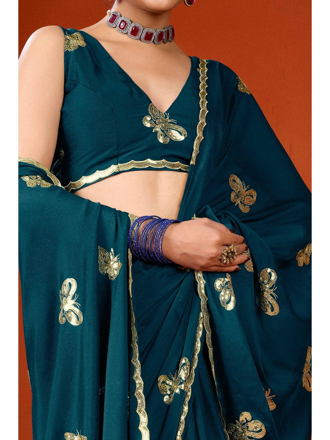 Elegant Teal Organza Chiffon Silk Saree with Delicate Embellishment - Image 2