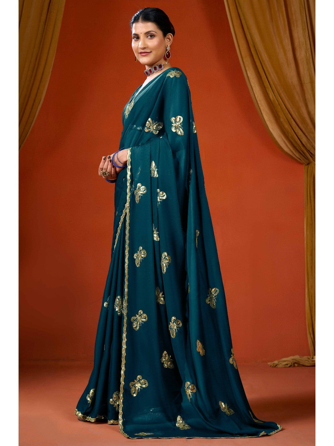 Elegant Teal Organza Chiffon Silk Saree with Delicate Embellishment - Image 3