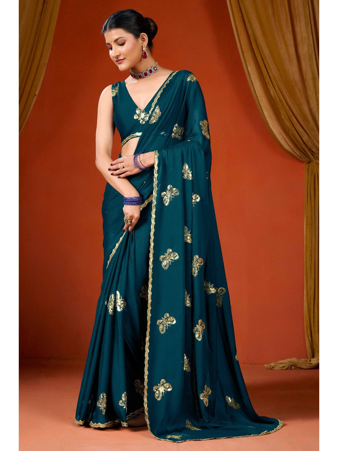 Elegant Teal Organza Chiffon Silk Saree with Delicate Embellishment - Image 4