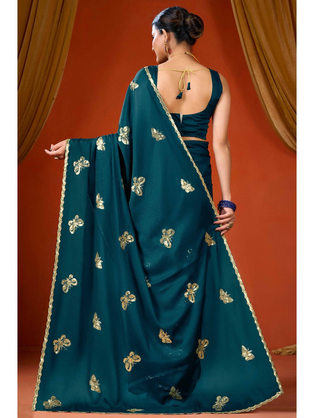 Elegant Teal Organza Chiffon Silk Saree with Delicate Embellishment - Image 5