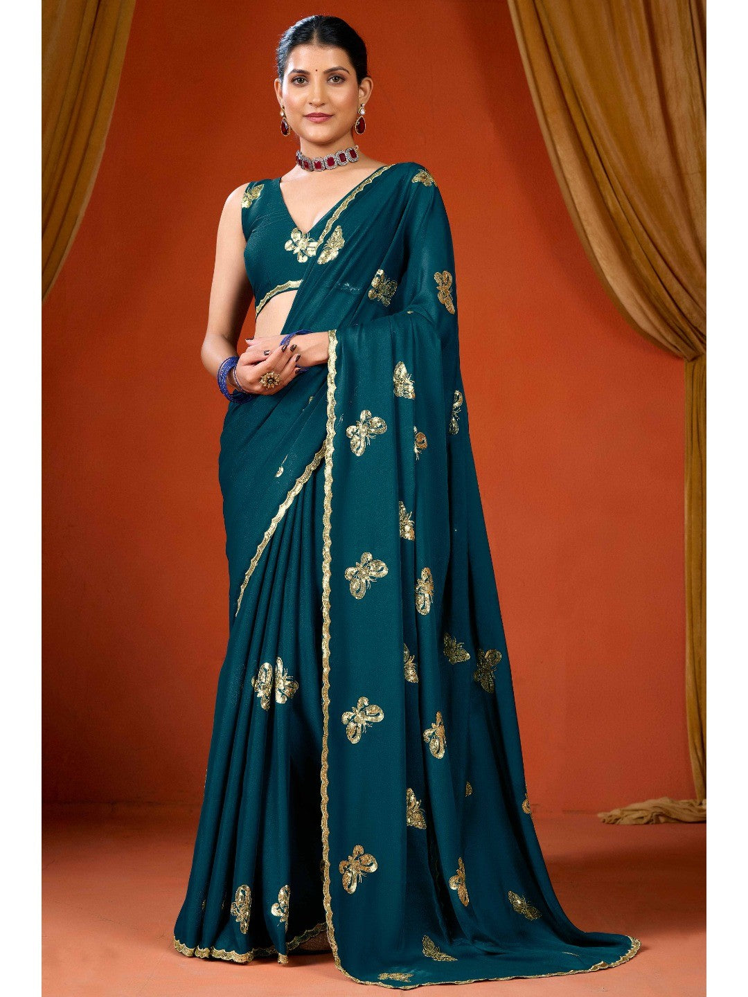 Elegant Teal Organza Chiffon Silk Saree with Delicate Embellishment - Image 6