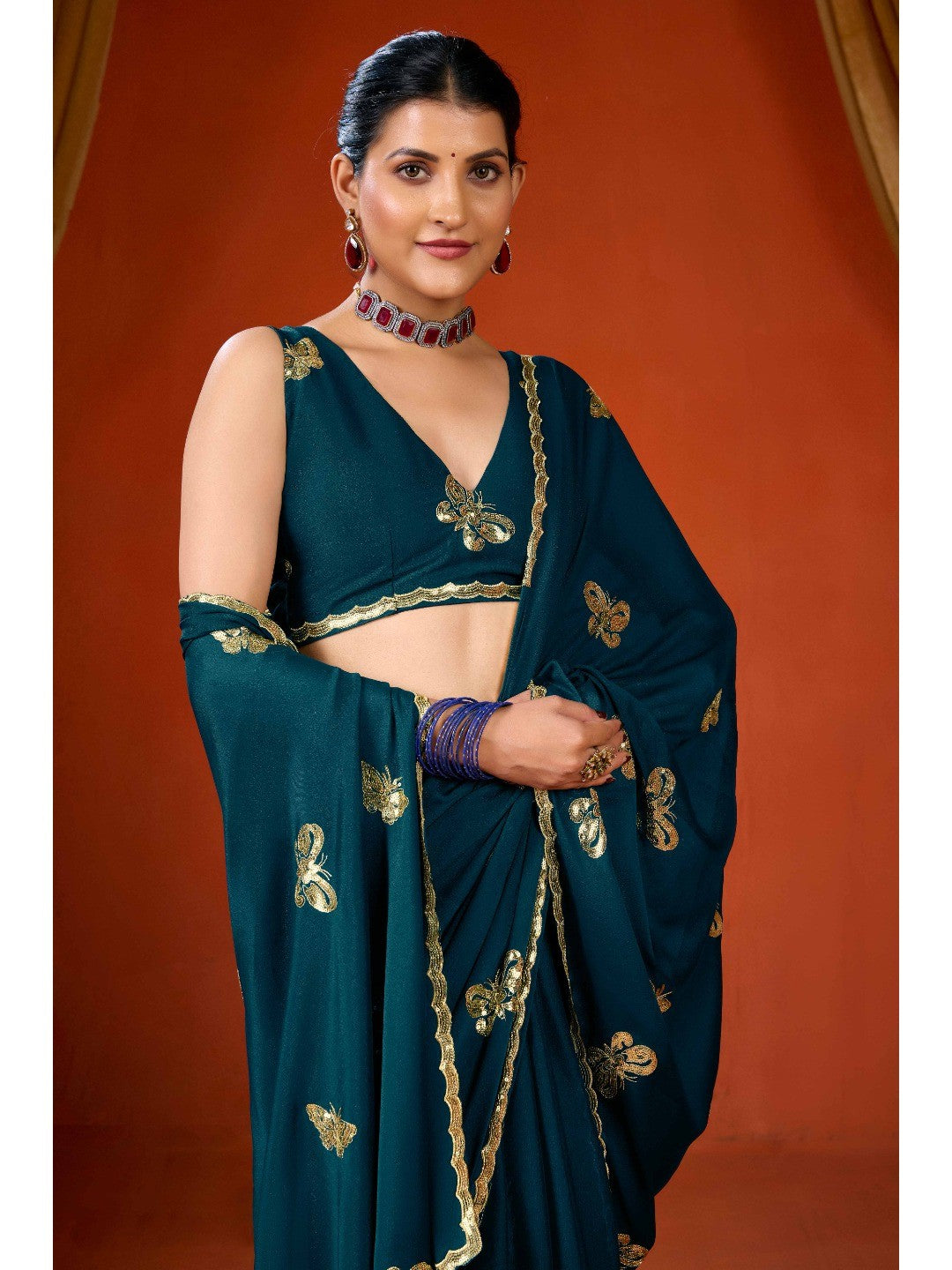 Elegant Teal Organza Chiffon Silk Saree with Delicate Embellishment - Image 4