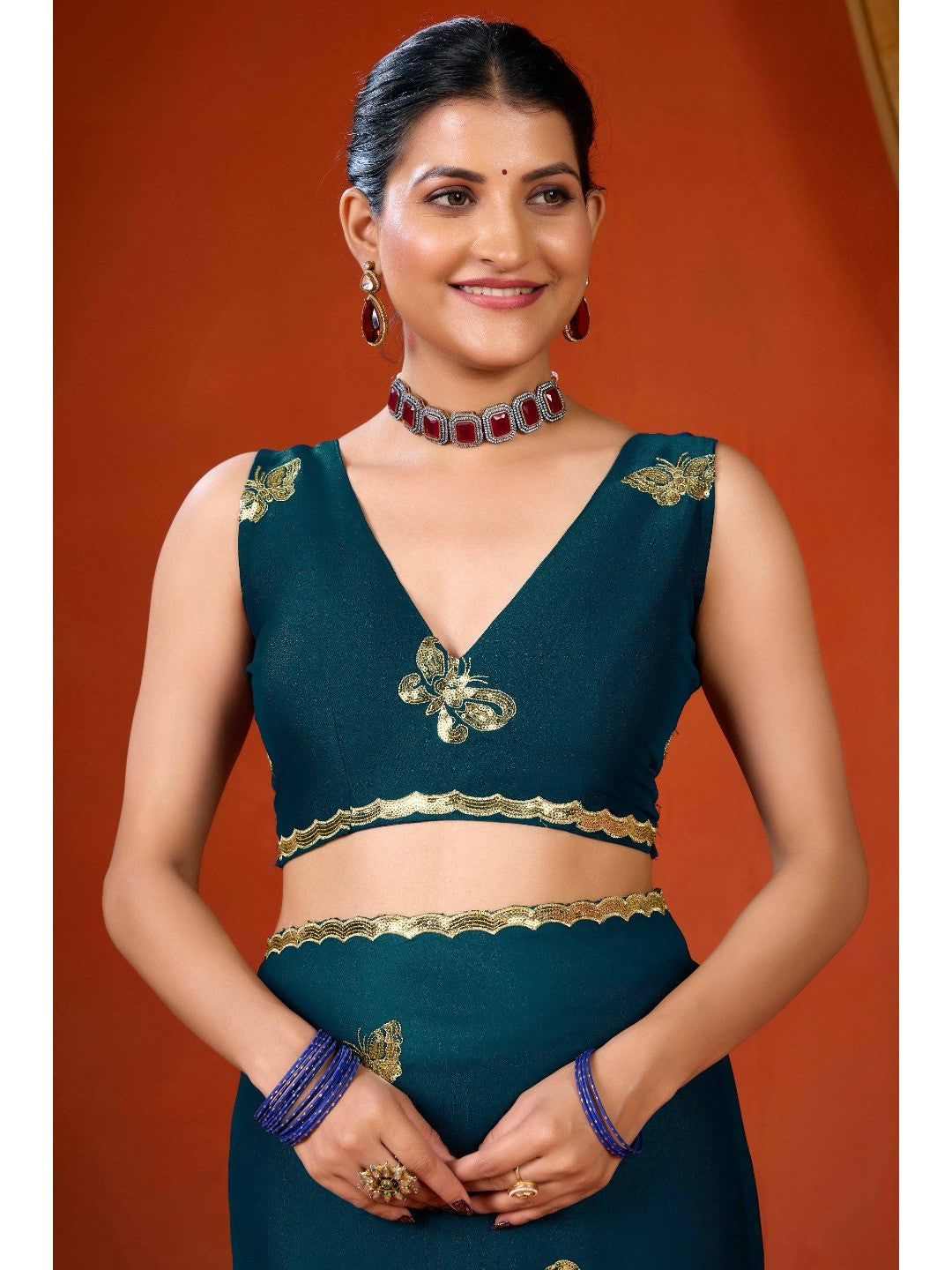 Elegant Teal Organza Chiffon Silk Saree with Delicate Embellishment - Image 2