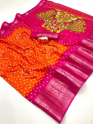 Royal Orange Bandhani Print Dola Silk Saree with Exquisite Traditional Woven Border - Image 2
