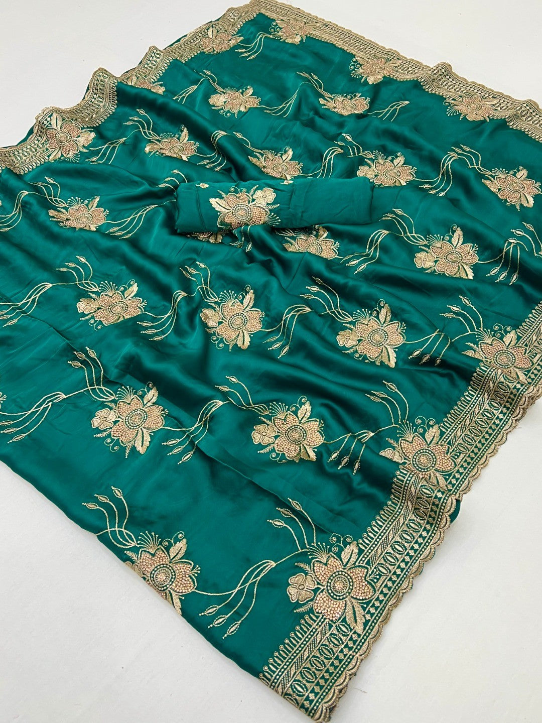 Majestic Celebration Green Satin Saree With Elegant Floral Embroidery - Image 3