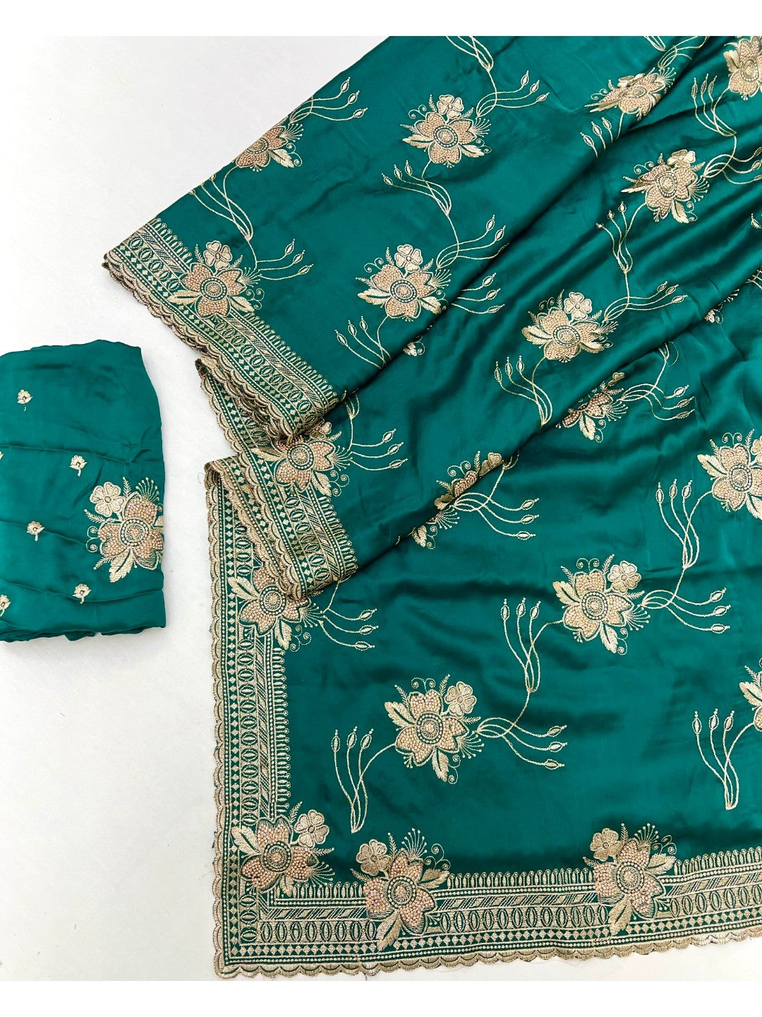 Majestic Celebration Green Satin Saree With Elegant Floral Embroidery - Image 3