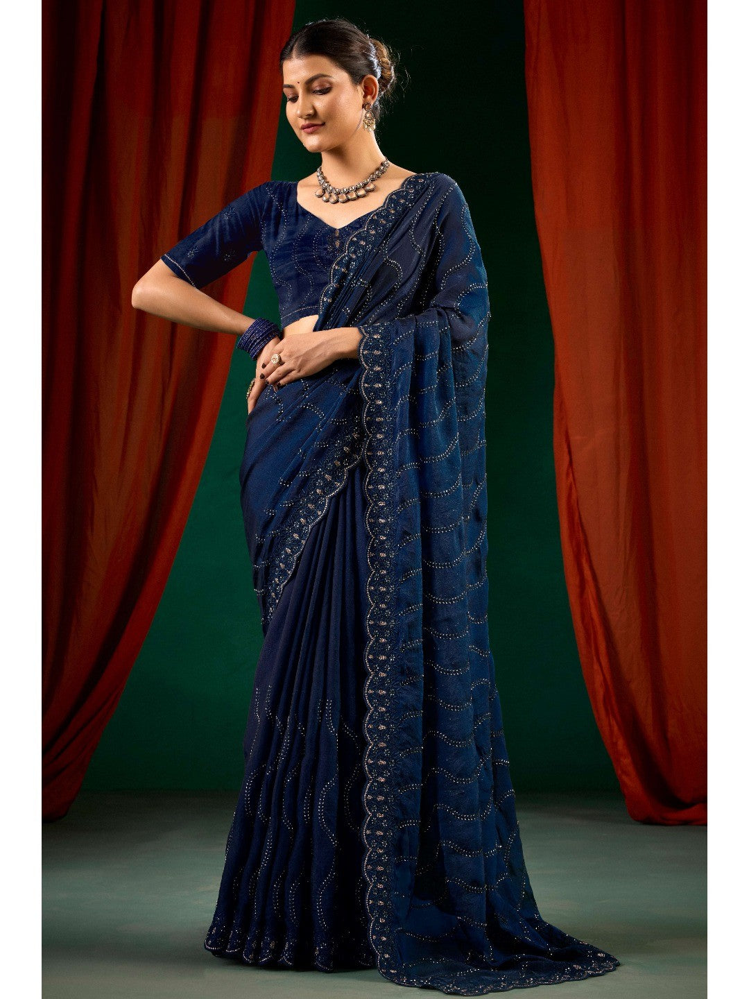 Graceful Navy Blue Georgette Silk Saree with Delicate Embroidery - Image 1