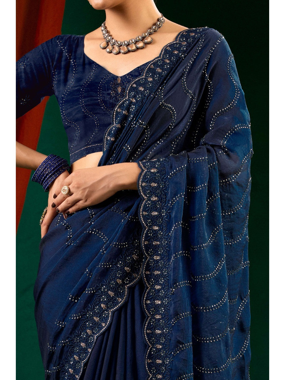 Graceful Navy Blue Georgette Silk Saree with Delicate Embroidery - Image 2