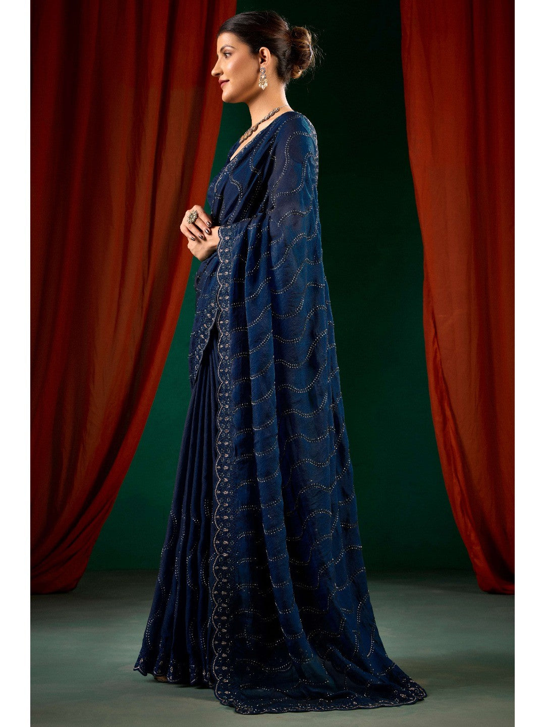 Graceful Navy Blue Georgette Silk Saree with Delicate Embroidery - Image 3