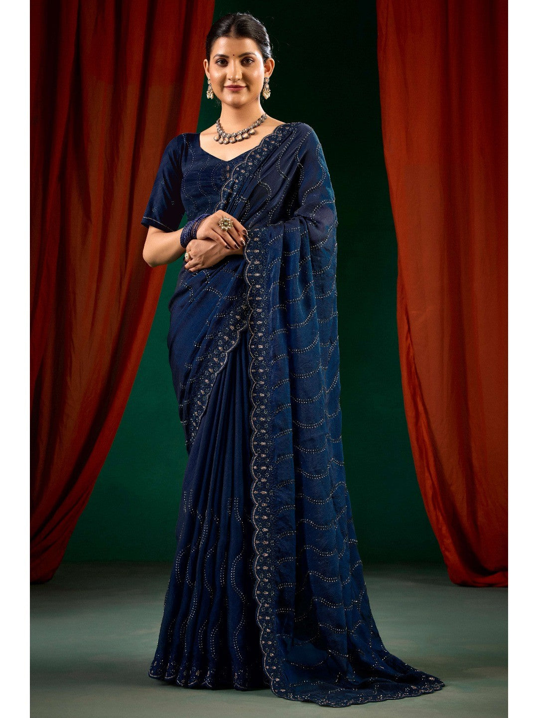 Graceful Navy Blue Georgette Silk Saree with Delicate Embroidery - Image 6