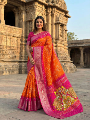 Royal Orange Bandhani Print Dola Silk Saree with Exquisite Traditional Woven Border - Image 1