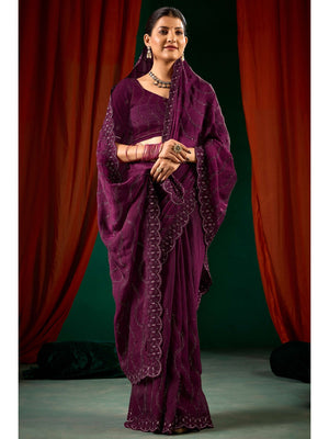 Graceful Purple Georgette Silk Saree with Delicate Embroidery - Image 1