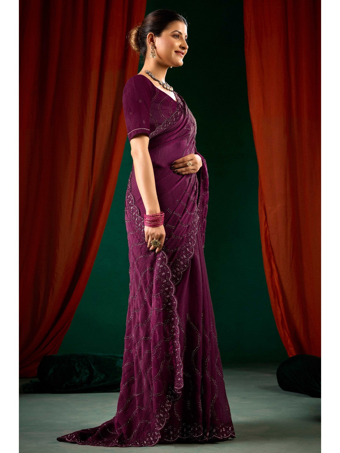 Graceful Purple Georgette Silk Saree with Delicate Embroidery - Image 4