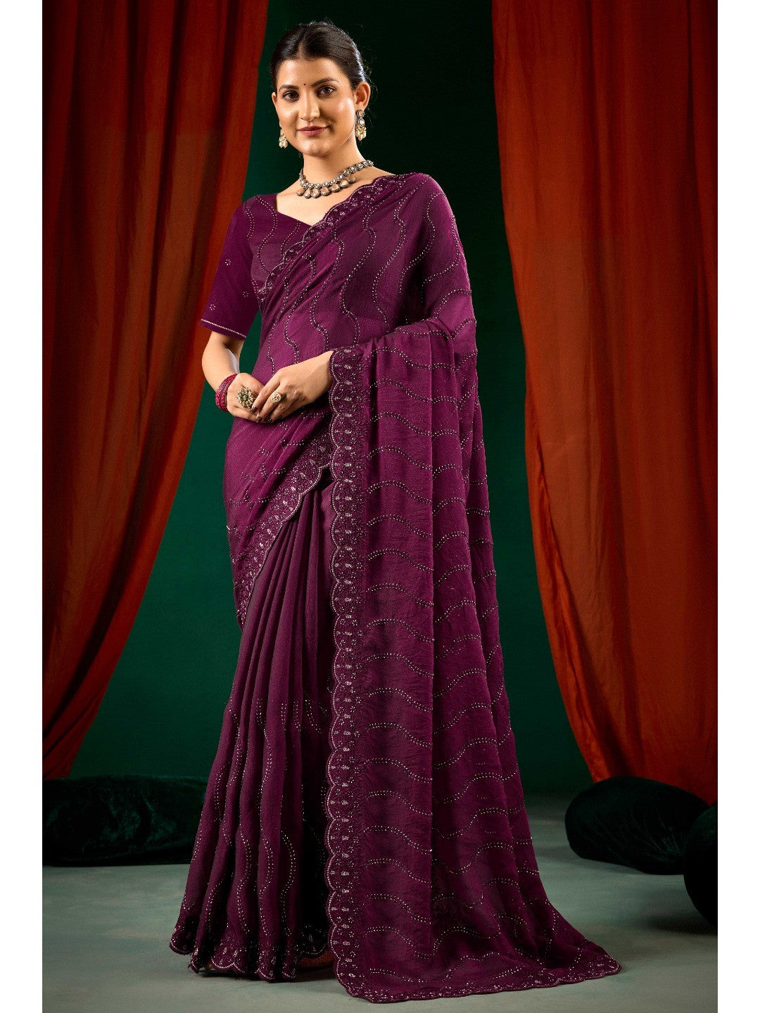 Graceful Purple Georgette Silk Saree with Delicate Embroidery - Image 5