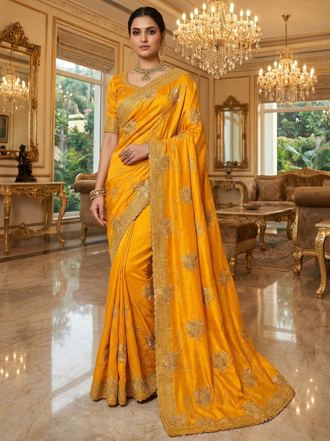Majestic Celebration Mustard Satin Saree With Elegant Floral Embroidery - Image 1