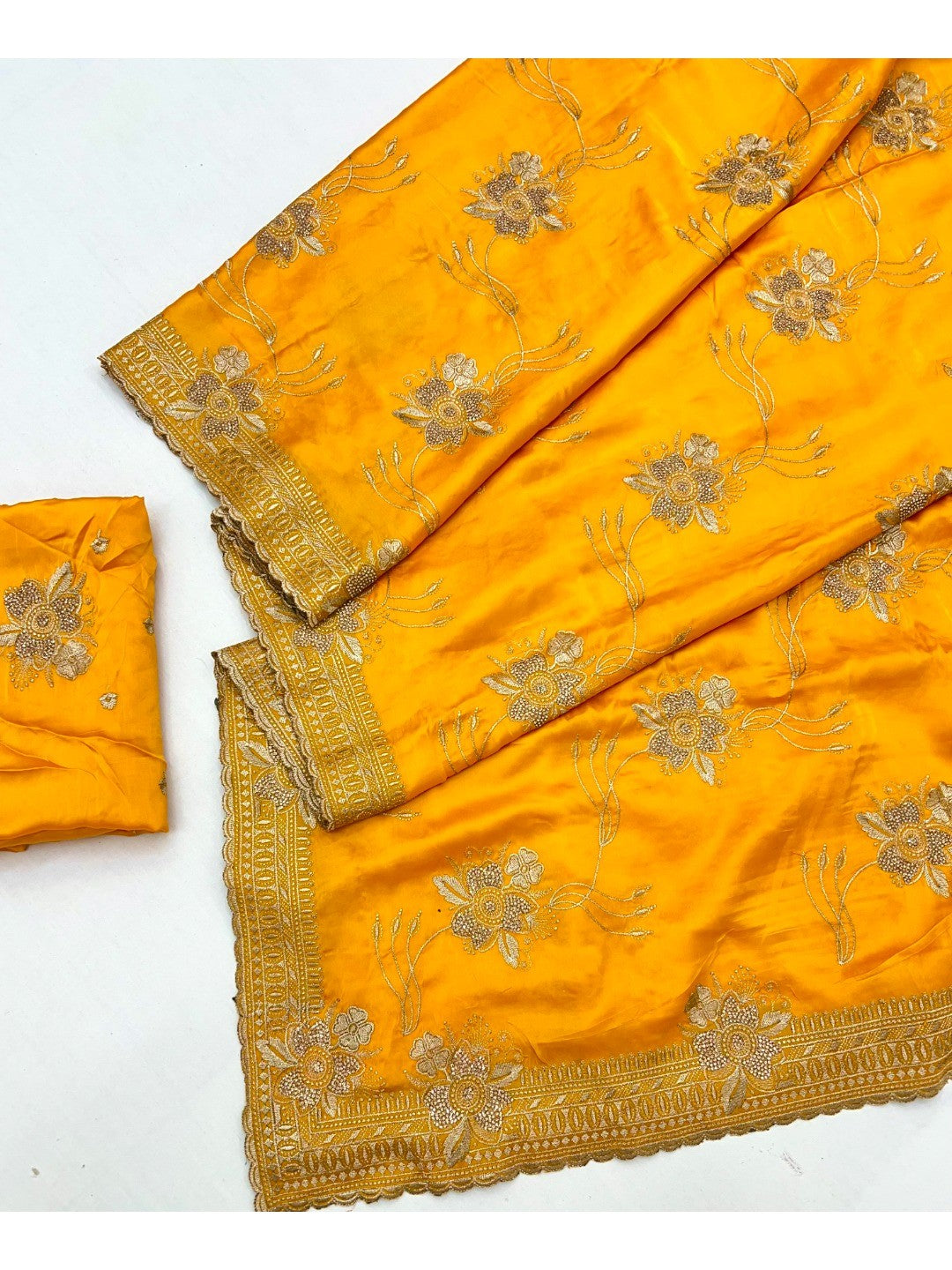 Majestic Celebration Mustard Satin Saree With Elegant Floral Embroidery - Image 2