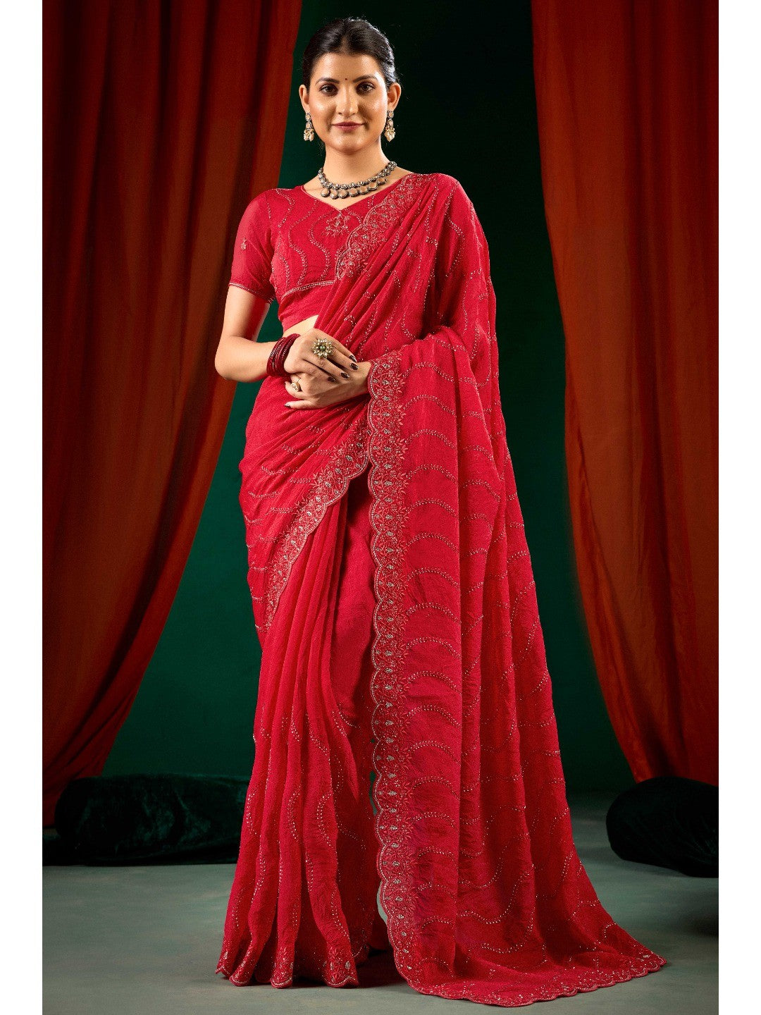 Graceful Red Georgette Silk Saree with Delicate Embroidery - Image 1