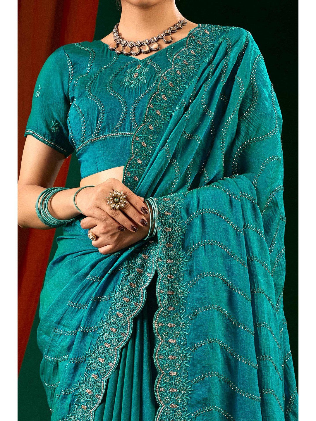 Graceful Teal Green Georgette Silk Saree with Delicate Embroidery - Image 2