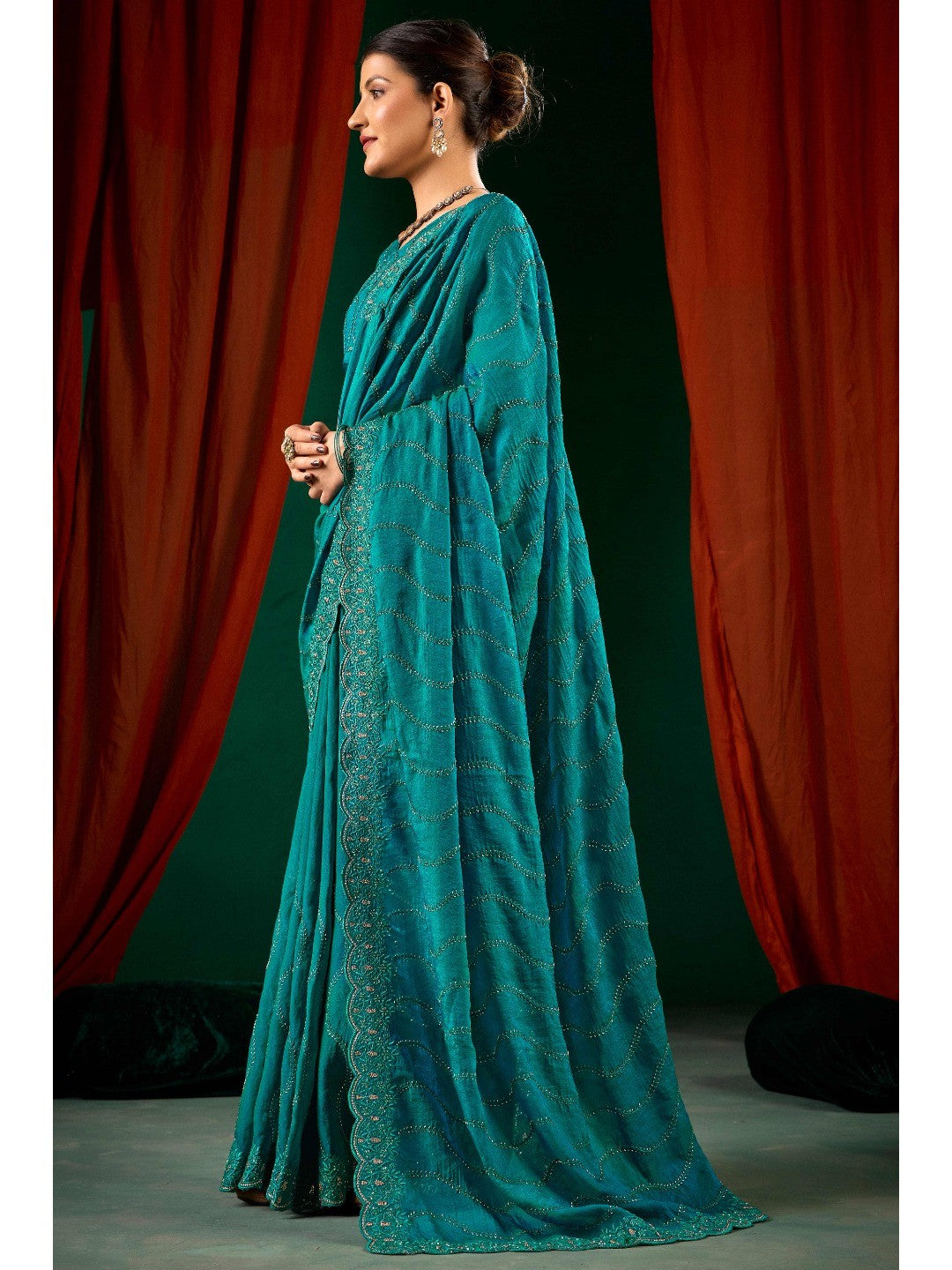 Graceful Teal Green Georgette Silk Saree with Delicate Embroidery - Image 3