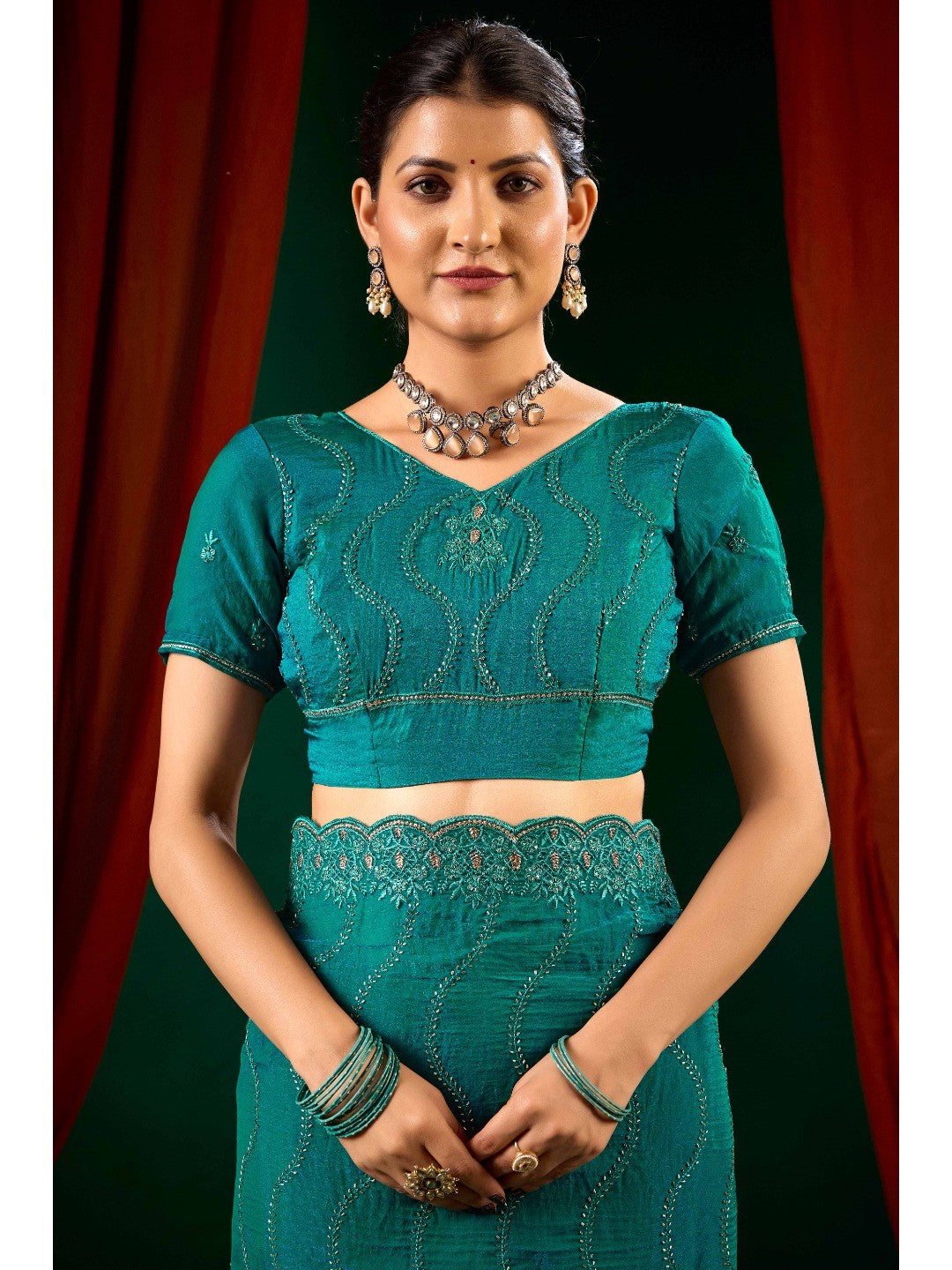 Graceful Teal Green Georgette Silk Saree with Delicate Embroidery - Image 6