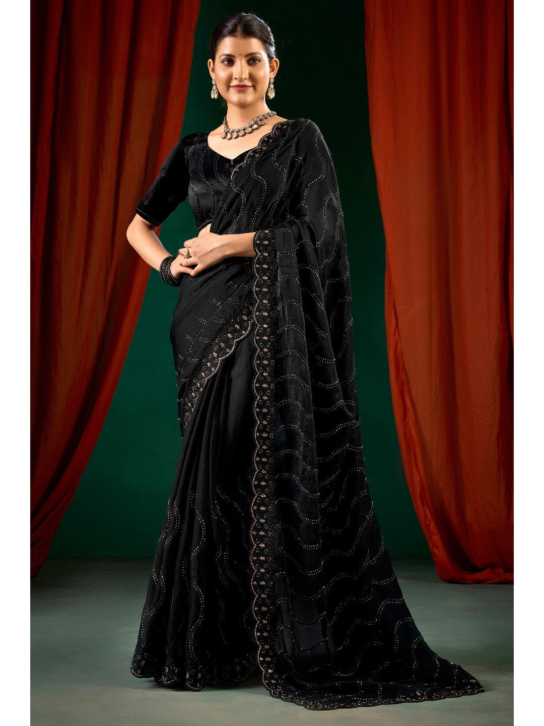 Graceful Black Georgette Silk Saree with Delicate Embroidery - Image 1
