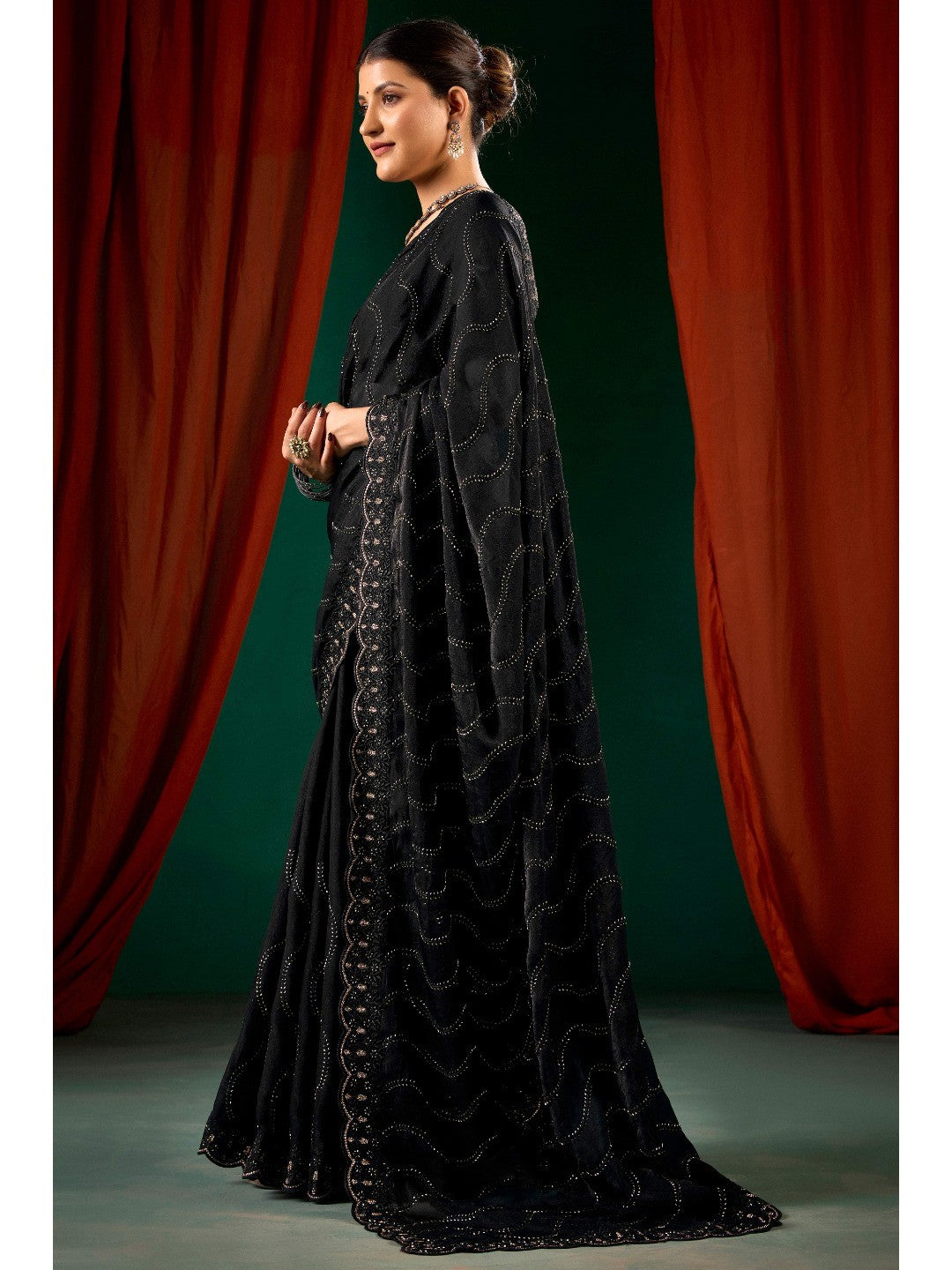 Graceful Black Georgette Silk Saree with Delicate Embroidery - Image 5