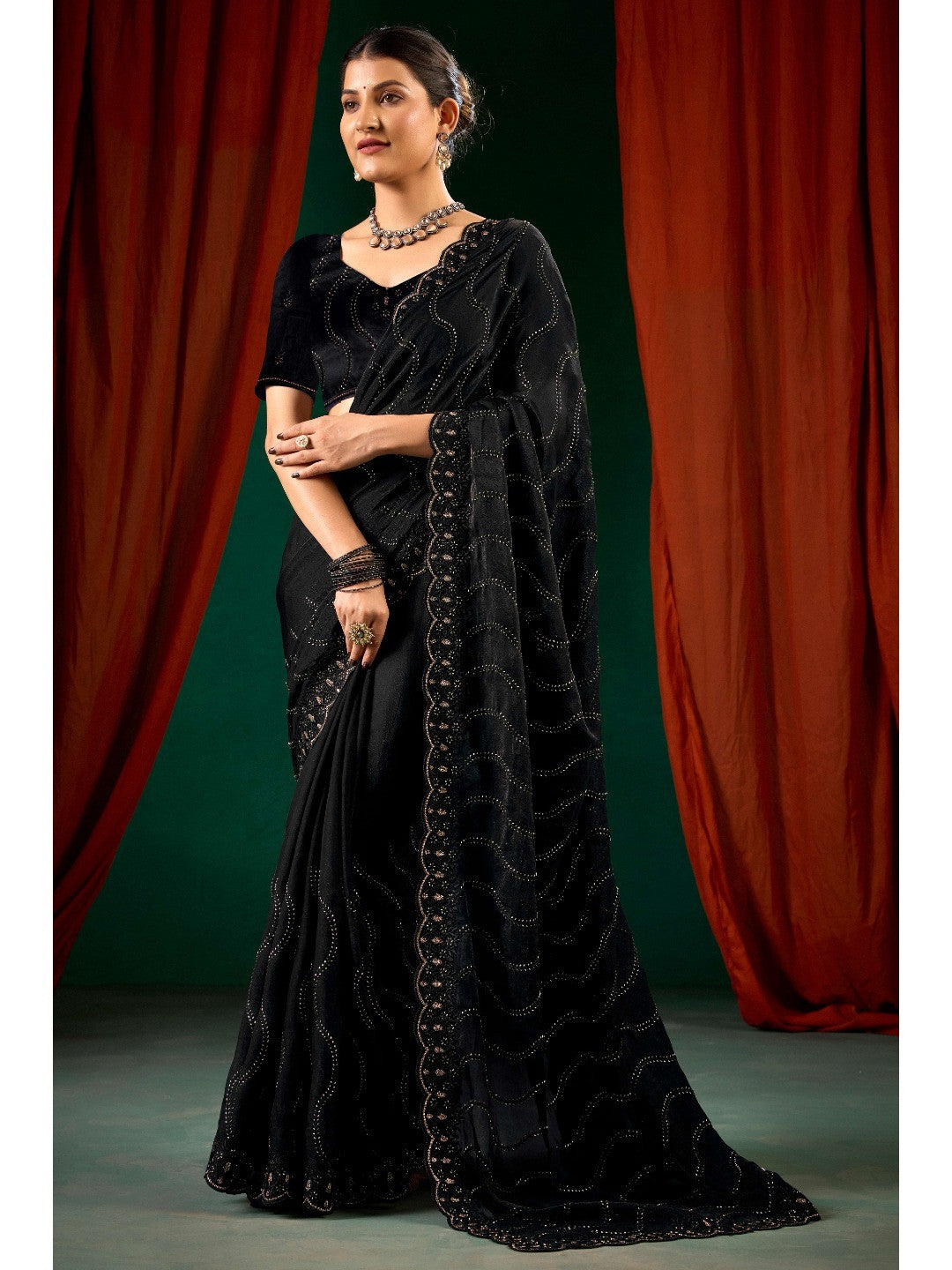 Graceful Black Georgette Silk Saree with Delicate Embroidery - Image 7