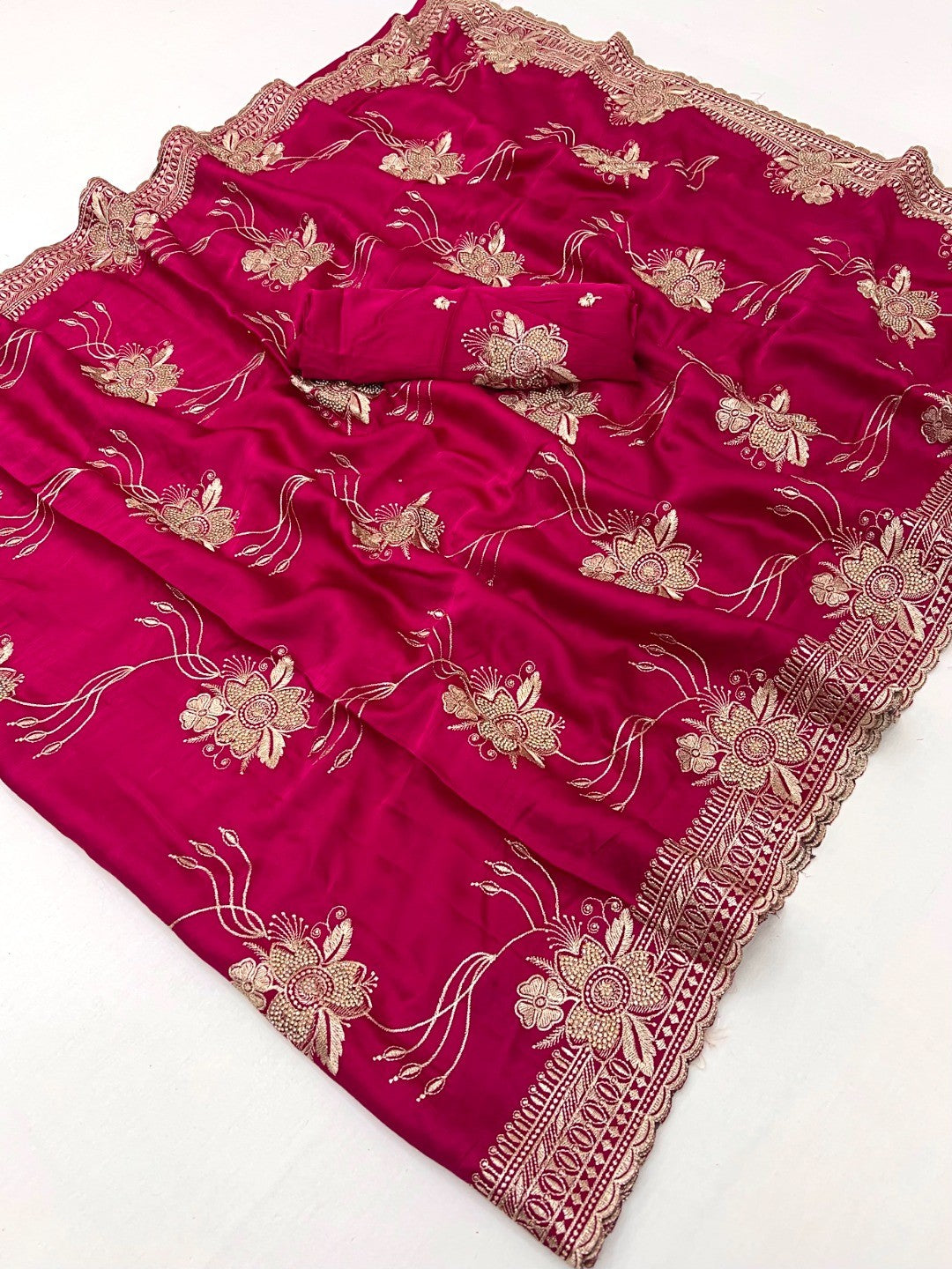 Majestic Celebration Pink Satin Saree With Elegant Floral Embroidery - Image 3