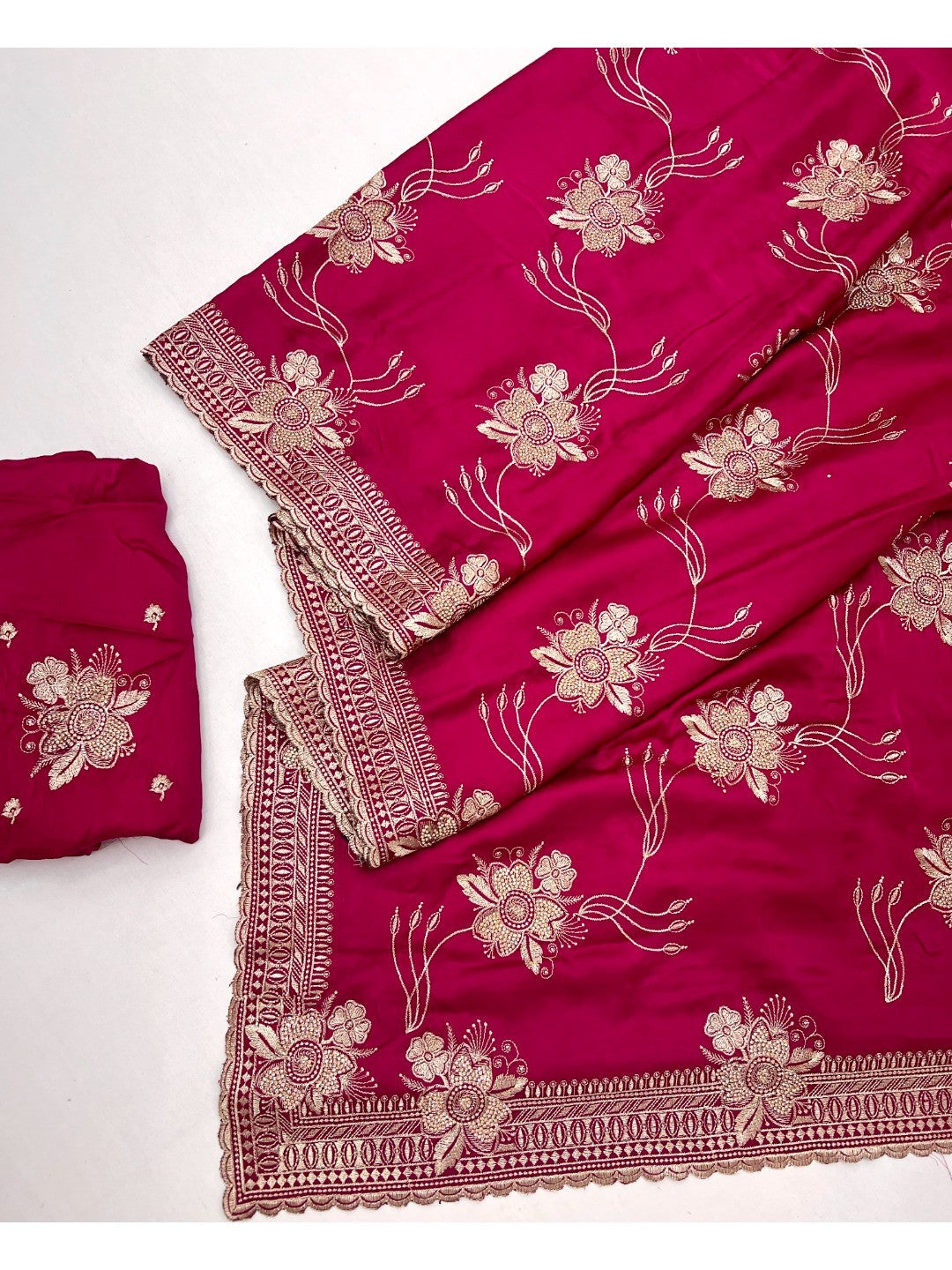Majestic Celebration Pink Satin Saree With Elegant Floral Embroidery - Image 2