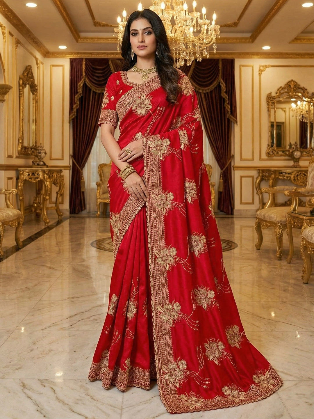 Majestic Celebration Red Satin Saree With Elegant Floral Embroidery - Image 1