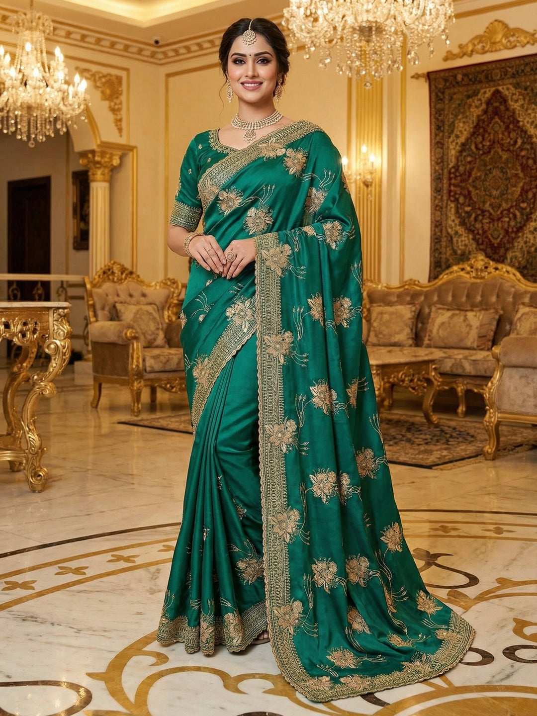 Majestic Celebration Green Satin Saree With Elegant Floral Embroidery - Image 1