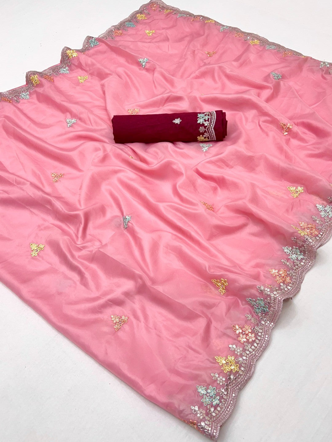 Opulent Pink Floral Embroidered Crystal Tissue Saree Highlighted With Elegant Sequins Detailing - Image 2