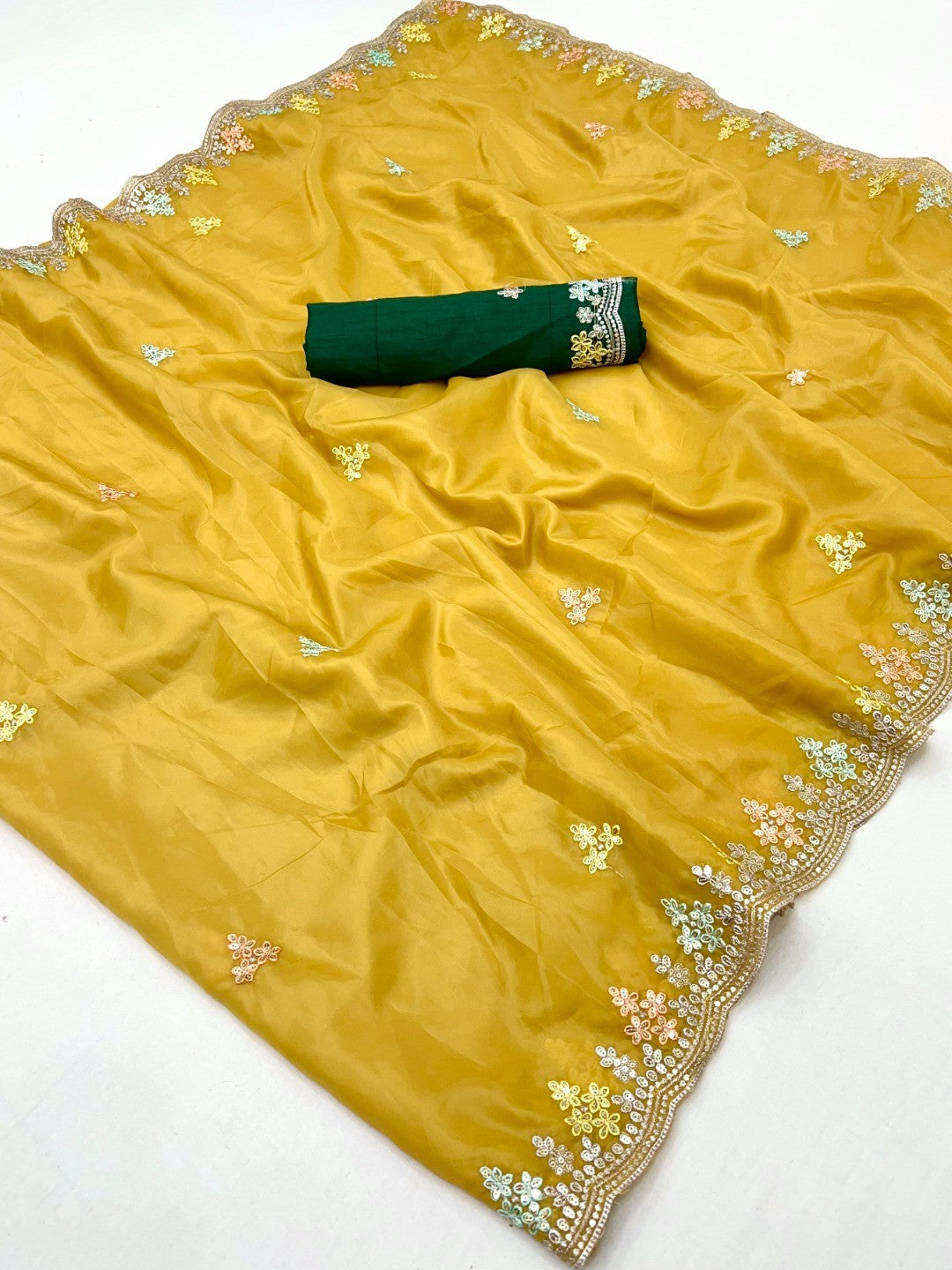 Opulent Mustard Floral Embroidered Crystal Tissue Saree Highlighted With Elegant Sequins Detailing - Image 2