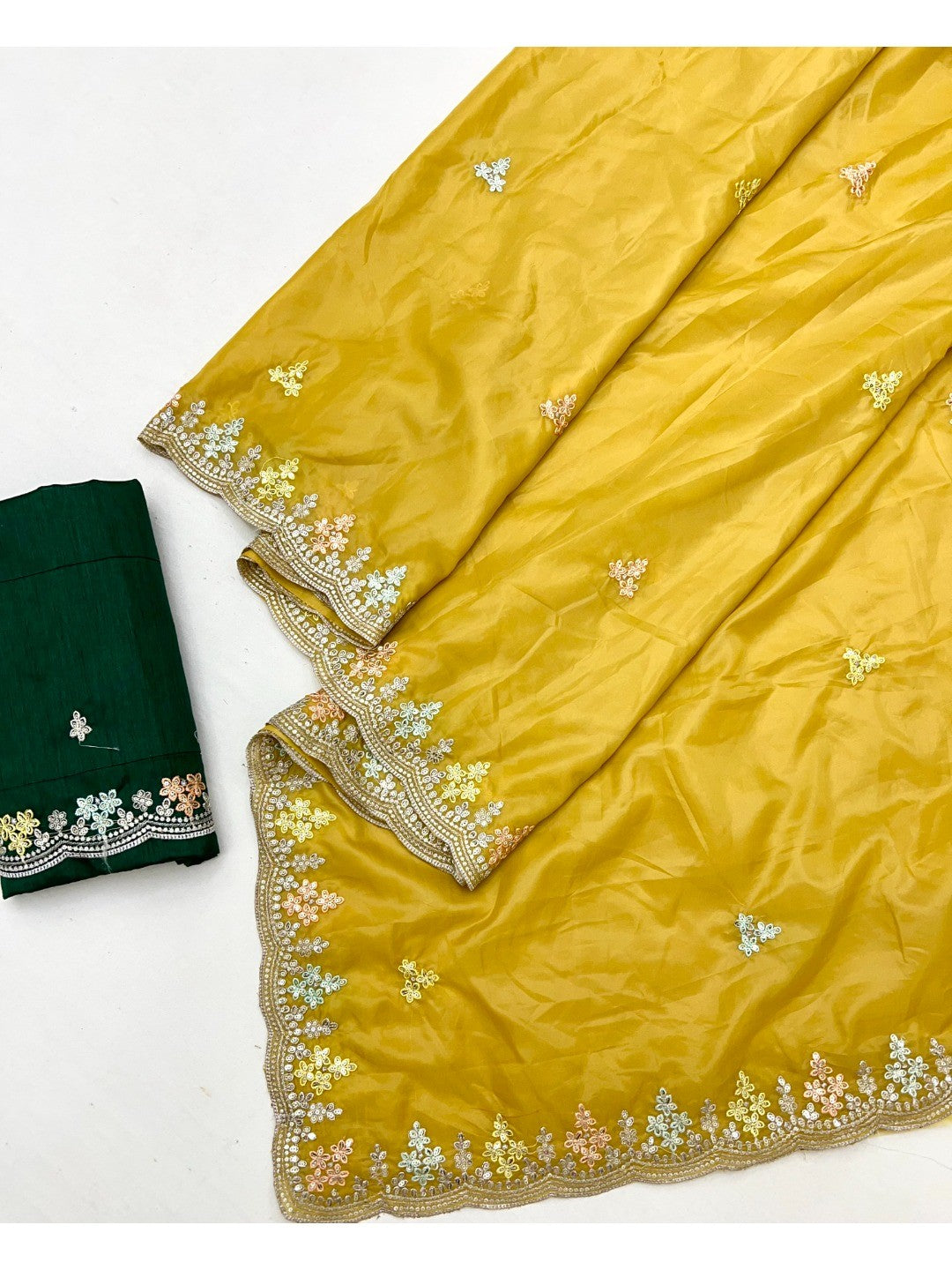 Opulent Mustard Floral Embroidered Crystal Tissue Saree Highlighted With Elegant Sequins Detailing - Image 3