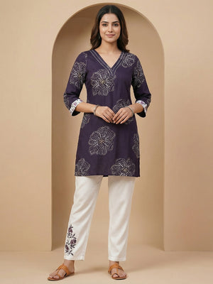 Purple Floral Printed Rayon Top and Bottom Set Featuring Soft Fabric and Straight Fit Silhouette - Image 1
