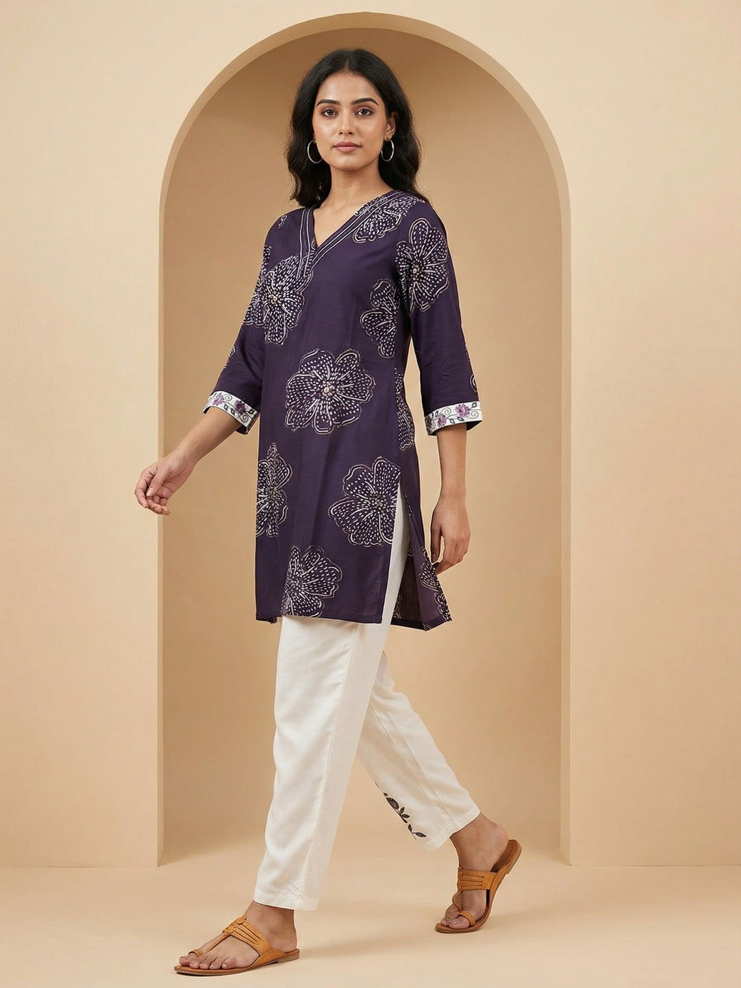 Purple Floral Printed Rayon Top and Bottom Set Featuring Soft Fabric and Straight Fit Silhouette - Image 3