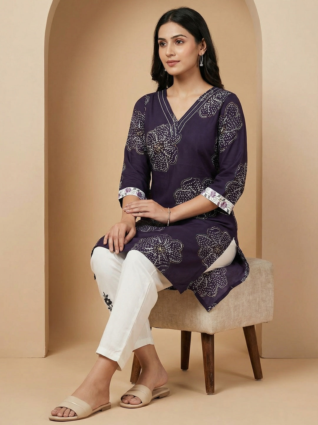 Purple Floral Printed Rayon Top and Bottom Set Featuring Soft Fabric and Straight Fit Silhouette - Image 5