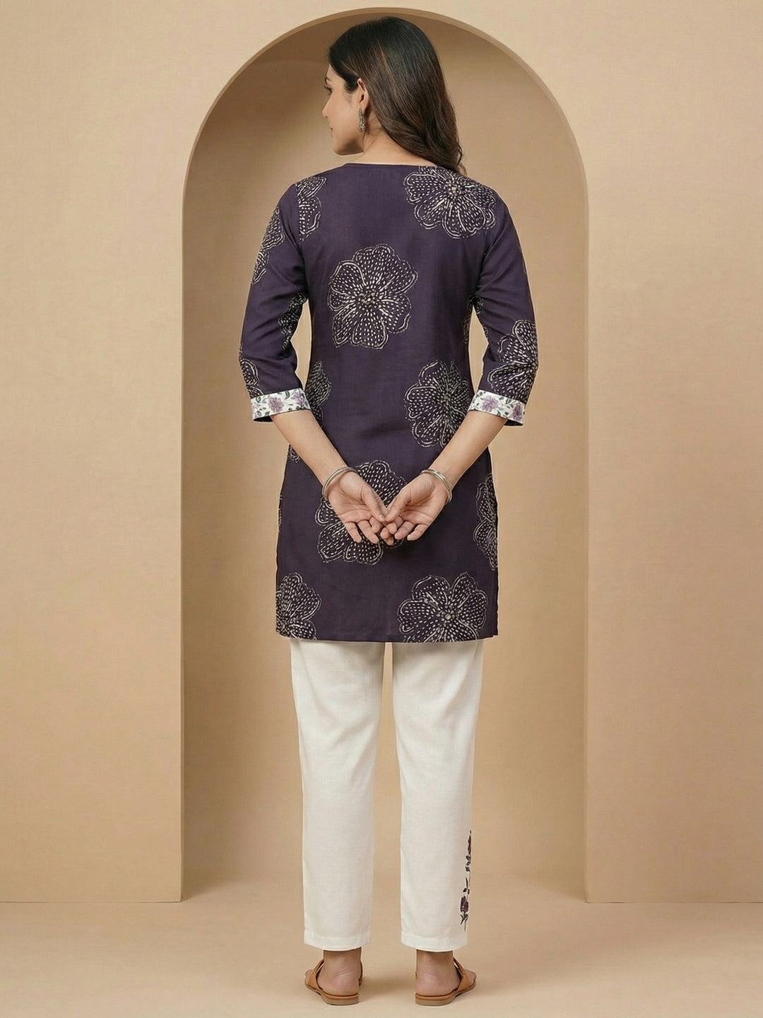 Purple Floral Printed Rayon Top and Bottom Set Featuring Soft Fabric and Straight Fit Silhouette - Image 4