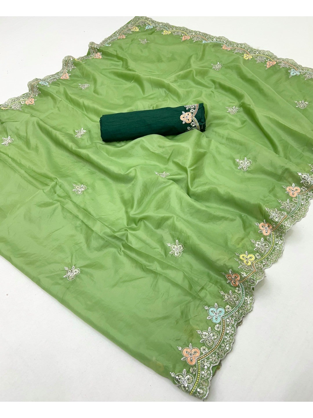 Elite Designer Green Crystal Tissue Saree Showcasing Floral Embroidery & Sequins Detailing - Image 3