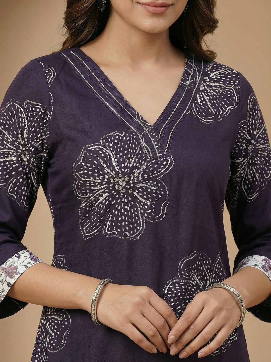 Purple Floral Printed Rayon Top and Bottom Set Featuring Soft Fabric and Straight Fit Silhouette - Image 5