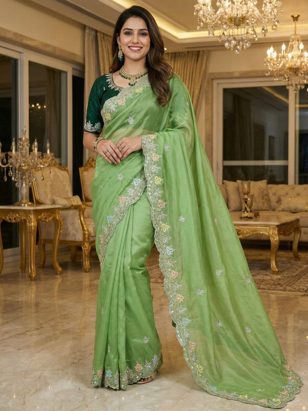 Elite Designer Green Crystal Tissue Saree Showcasing Floral Embroidery & Sequins Detailing - Image 1