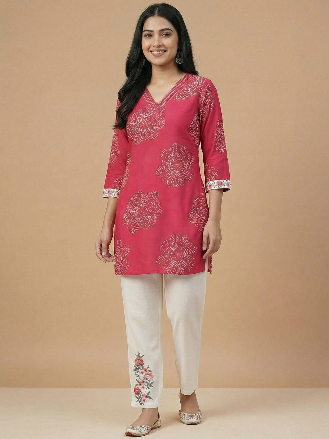 Pink Floral Printed Rayon Top and Bottom Set Featuring Soft Fabric and Straight Fit Silhouette - Image 1