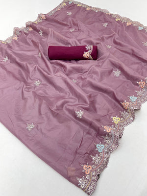 Elite Designer Mauve Crystal Tissue Saree Showcasing Floral Embroidery & Sequins Detailing - Image 2