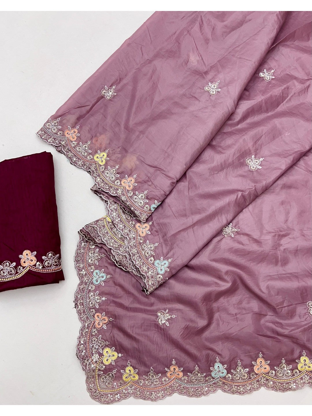 Elite Designer Mauve Crystal Tissue Saree Showcasing Floral Embroidery & Sequins Detailing - Image 3